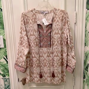 Neiman Marcus Embellished Tunic in Cream and Brown